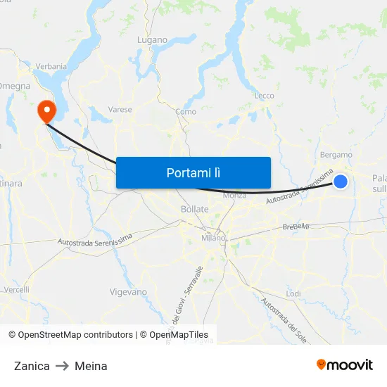 Zanica to Meina map