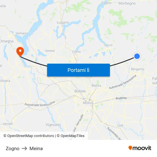 Zogno to Meina map
