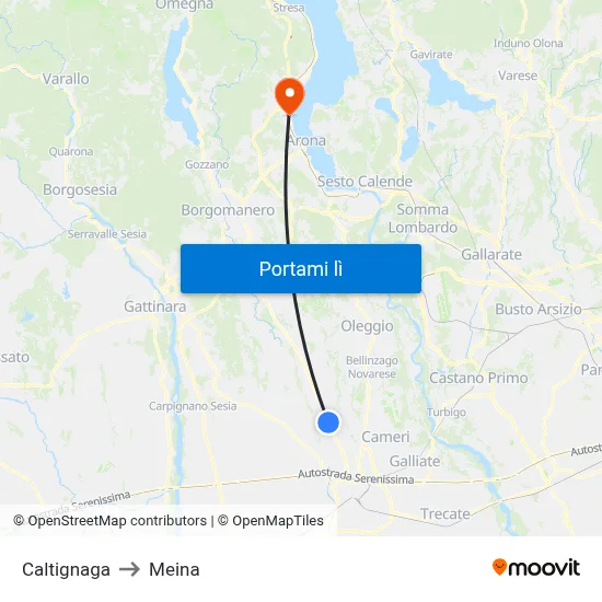 Caltignaga to Meina map