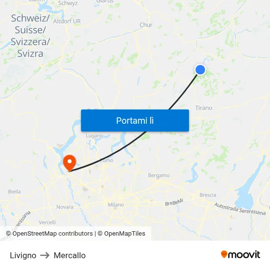 Livigno to Mercallo map