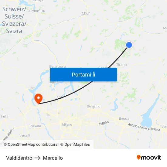 Valdidentro to Mercallo map