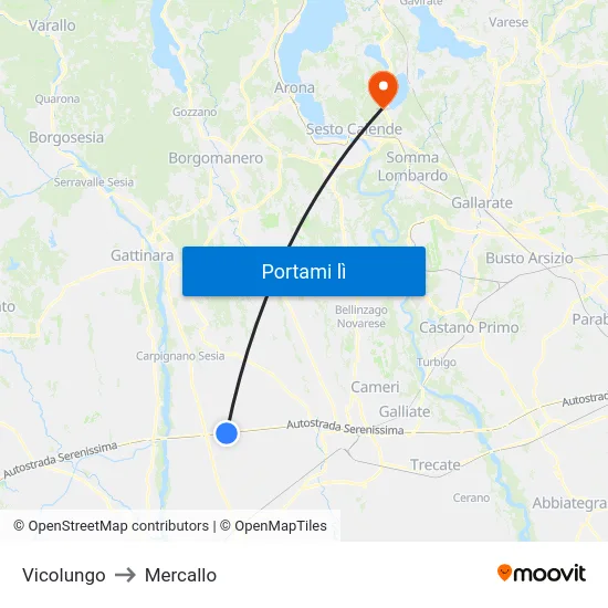 Vicolungo to Mercallo map