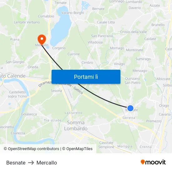 Besnate to Mercallo map