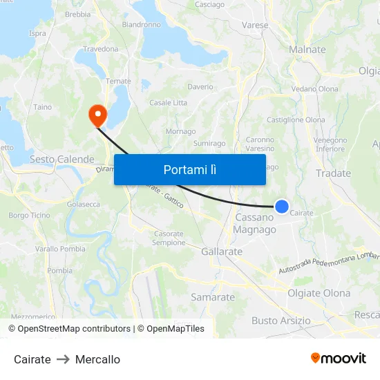 Cairate to Mercallo map