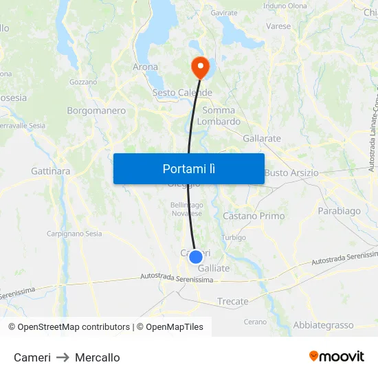 Cameri to Mercallo map