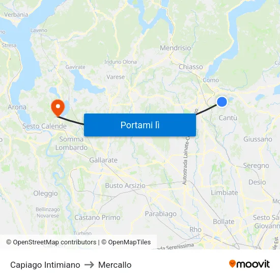 Capiago Intimiano to Mercallo map