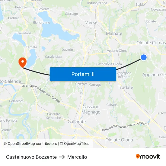 Castelnuovo Bozzente to Mercallo map