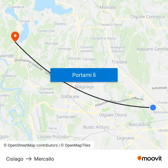 Cislago to Mercallo map