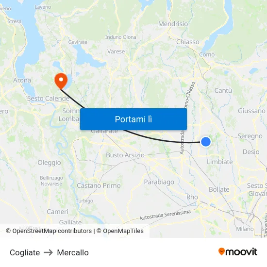 Cogliate to Mercallo map