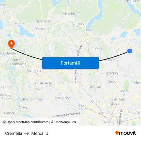 Cremella to Mercallo map