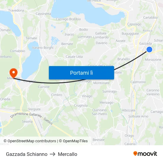 Gazzada Schianno to Mercallo map