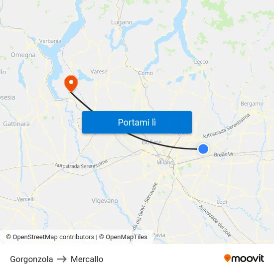 Gorgonzola to Mercallo map