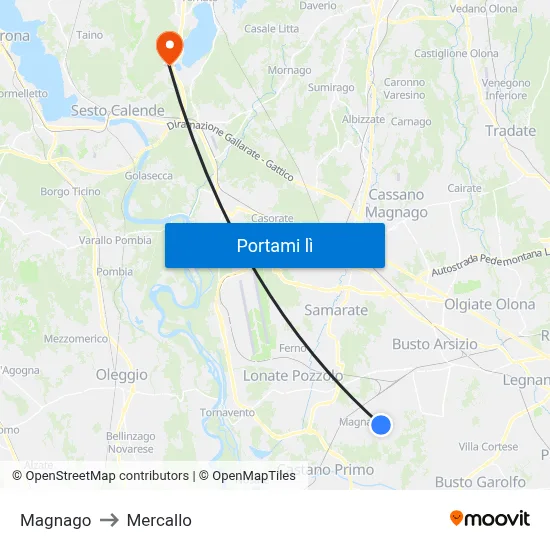 Magnago to Mercallo map