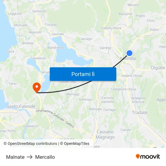 Malnate to Mercallo map