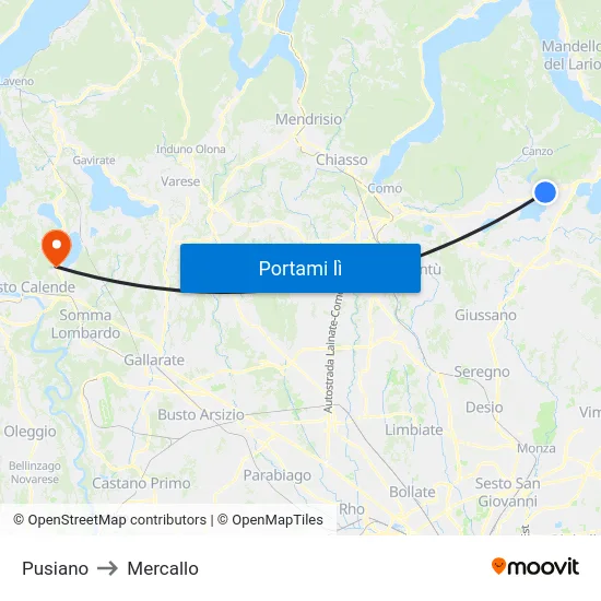 Pusiano to Mercallo map