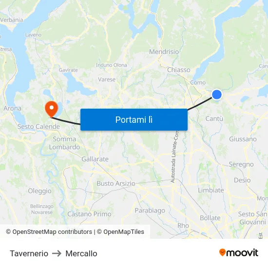 Tavernerio to Mercallo map
