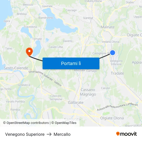 Venegono Superiore to Mercallo map