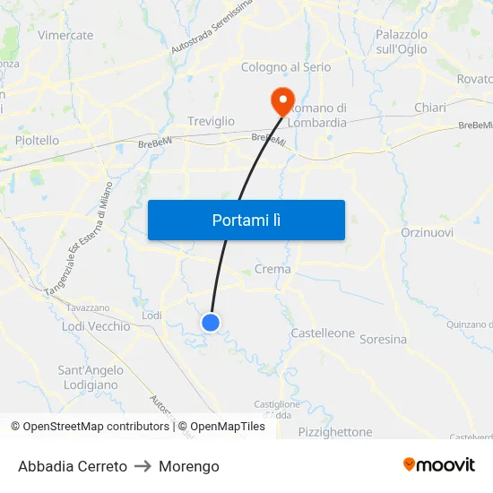 Abbadia Cerreto to Morengo map