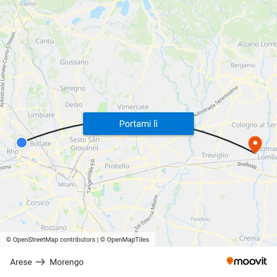 Arese to Morengo map