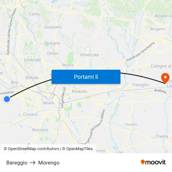 Bareggio to Morengo map