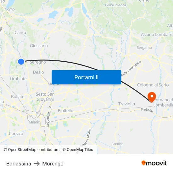 Barlassina to Morengo map