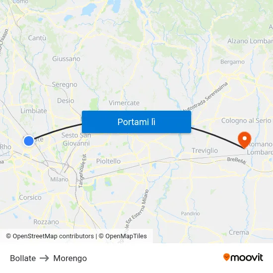 Bollate to Morengo map