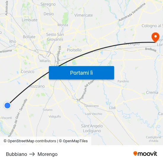 Bubbiano to Morengo map