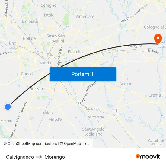 Calvignasco to Morengo map