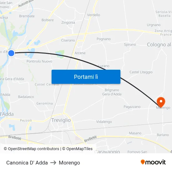 Canonica D' Adda to Morengo map