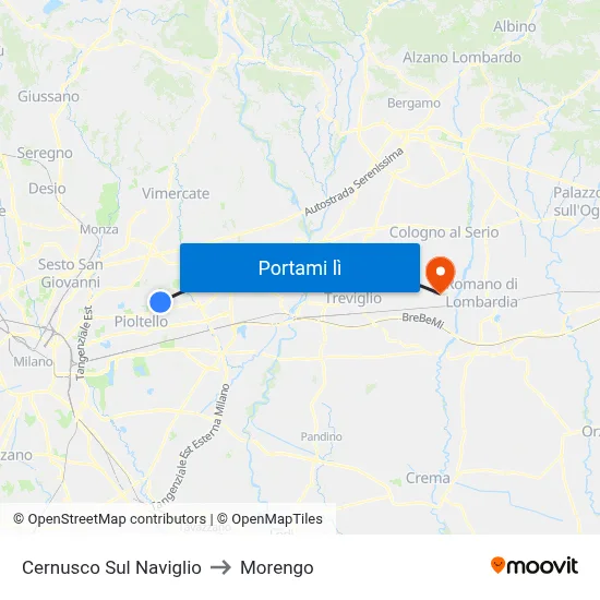 Cernusco Sul Naviglio to Morengo map