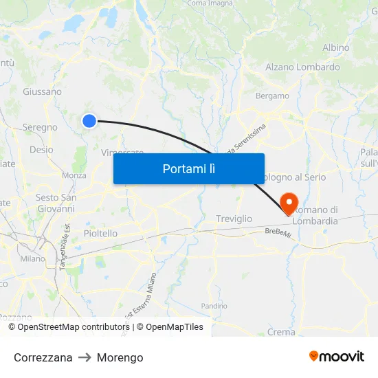 Correzzana to Morengo map