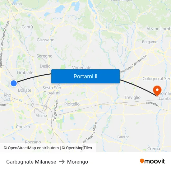 Garbagnate Milanese to Morengo map