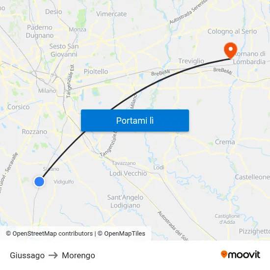 Giussago to Morengo map