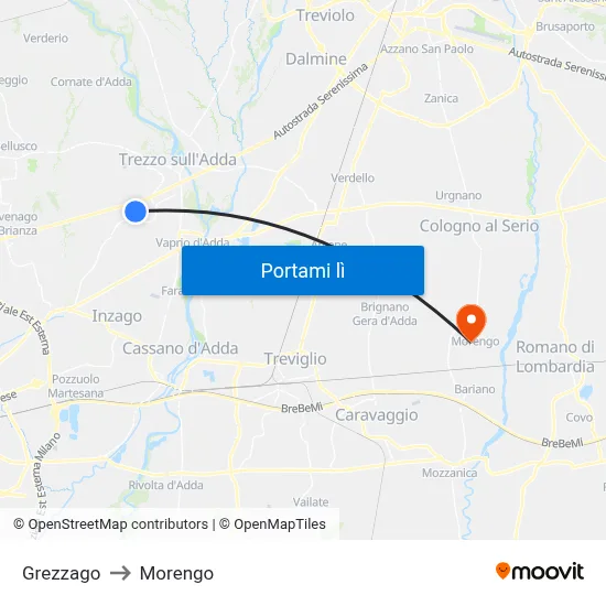 Grezzago to Morengo map