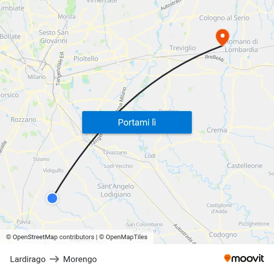 Lardirago to Morengo map