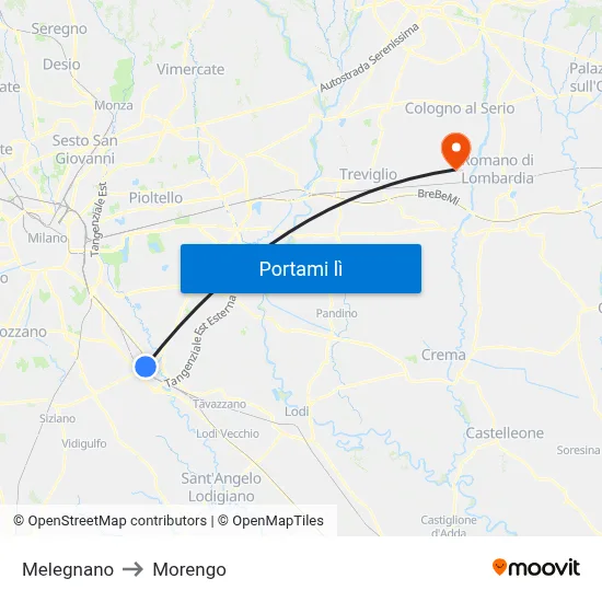 Melegnano to Morengo map
