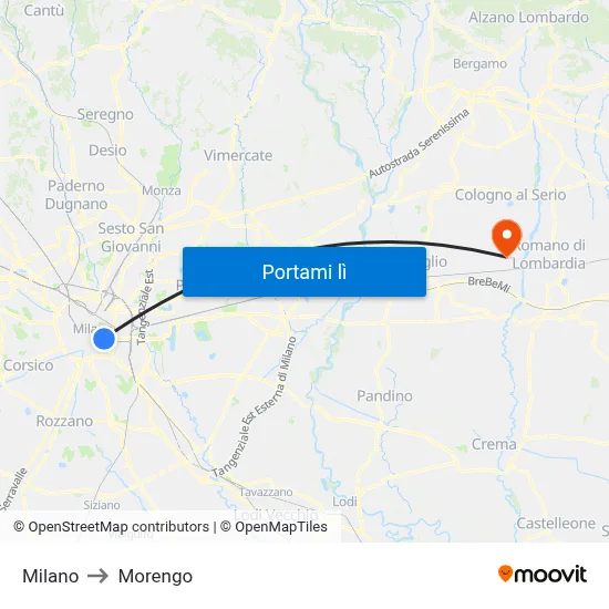 Milano to Morengo map