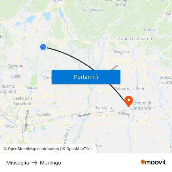 Missaglia to Morengo map
