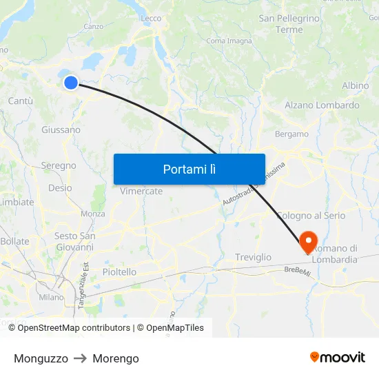 Monguzzo to Morengo map