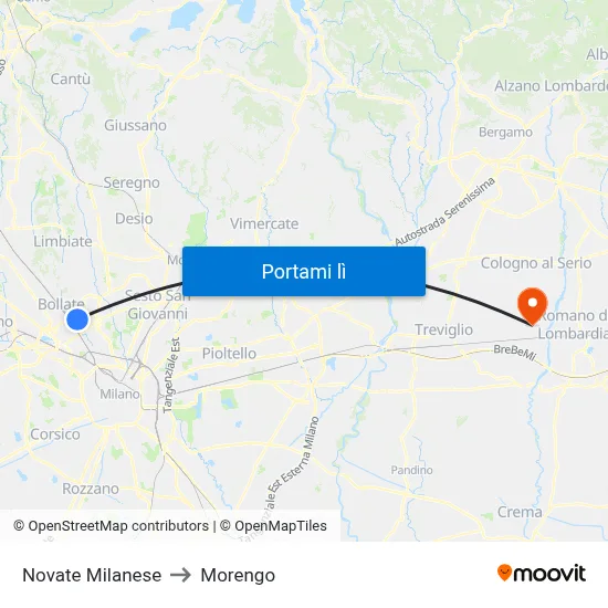 Novate Milanese to Morengo map