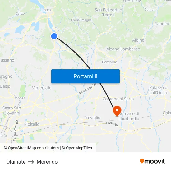 Olginate to Morengo map