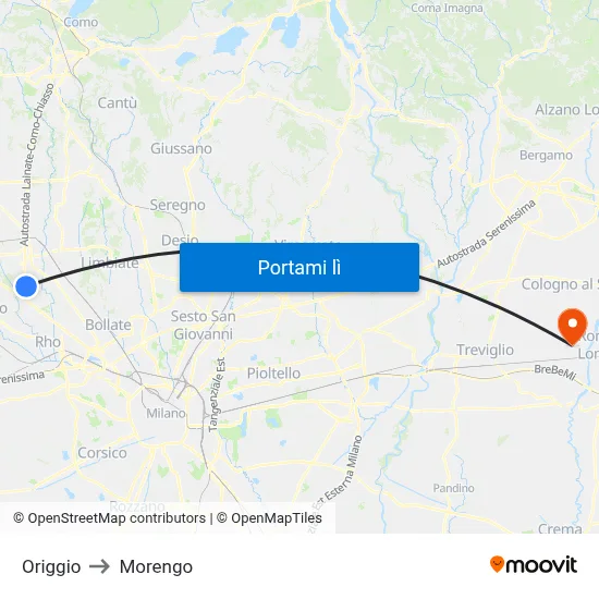 Origgio to Morengo map