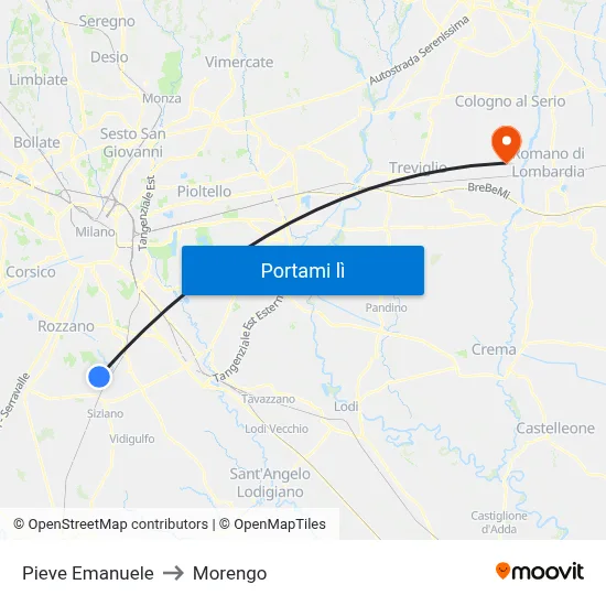 Pieve Emanuele to Morengo map