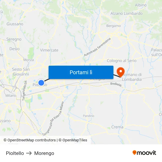 Pioltello to Morengo map