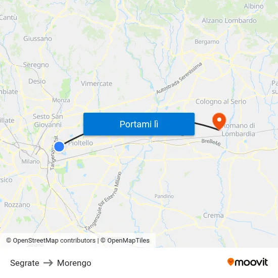 Segrate to Morengo map