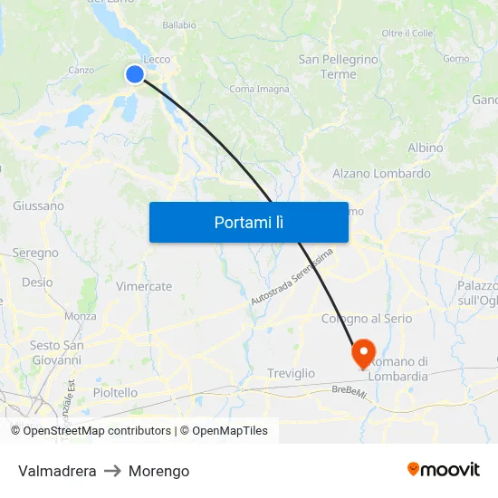 Valmadrera to Morengo map