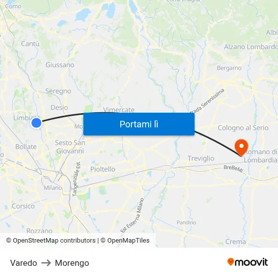 Varedo to Morengo map