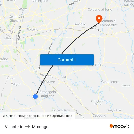 Villanterio to Morengo map