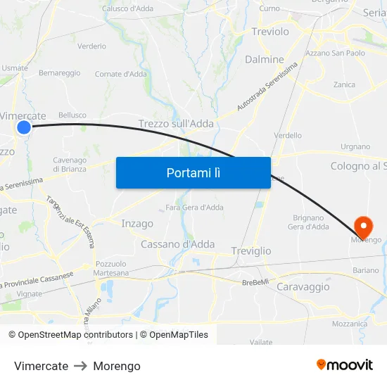 Vimercate to Morengo map