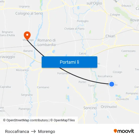 Roccafranca to Morengo map